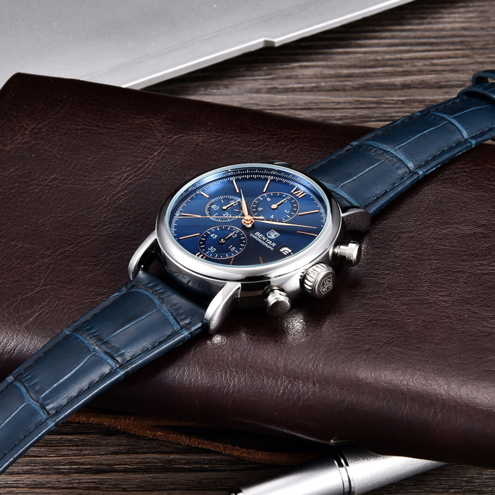 BENYAR Men's Quartz Watches 41mm Chronograph Leather Sports Auto Date Wrist Watch for Men BY5196M