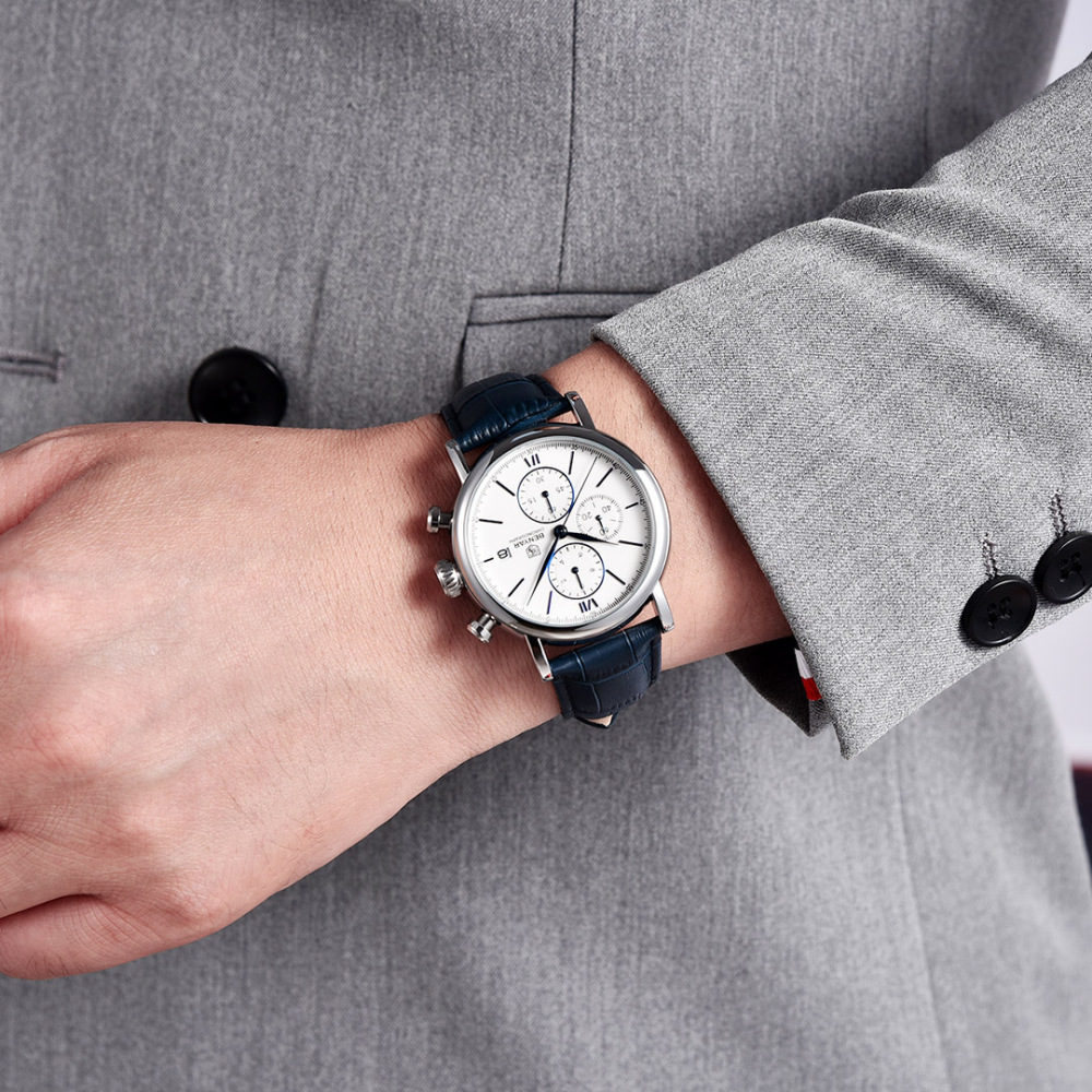 BENYAR Men's Quartz Watches 41mm Chronograph Leather Sports Auto Date Wrist Watch for Men BY5196M