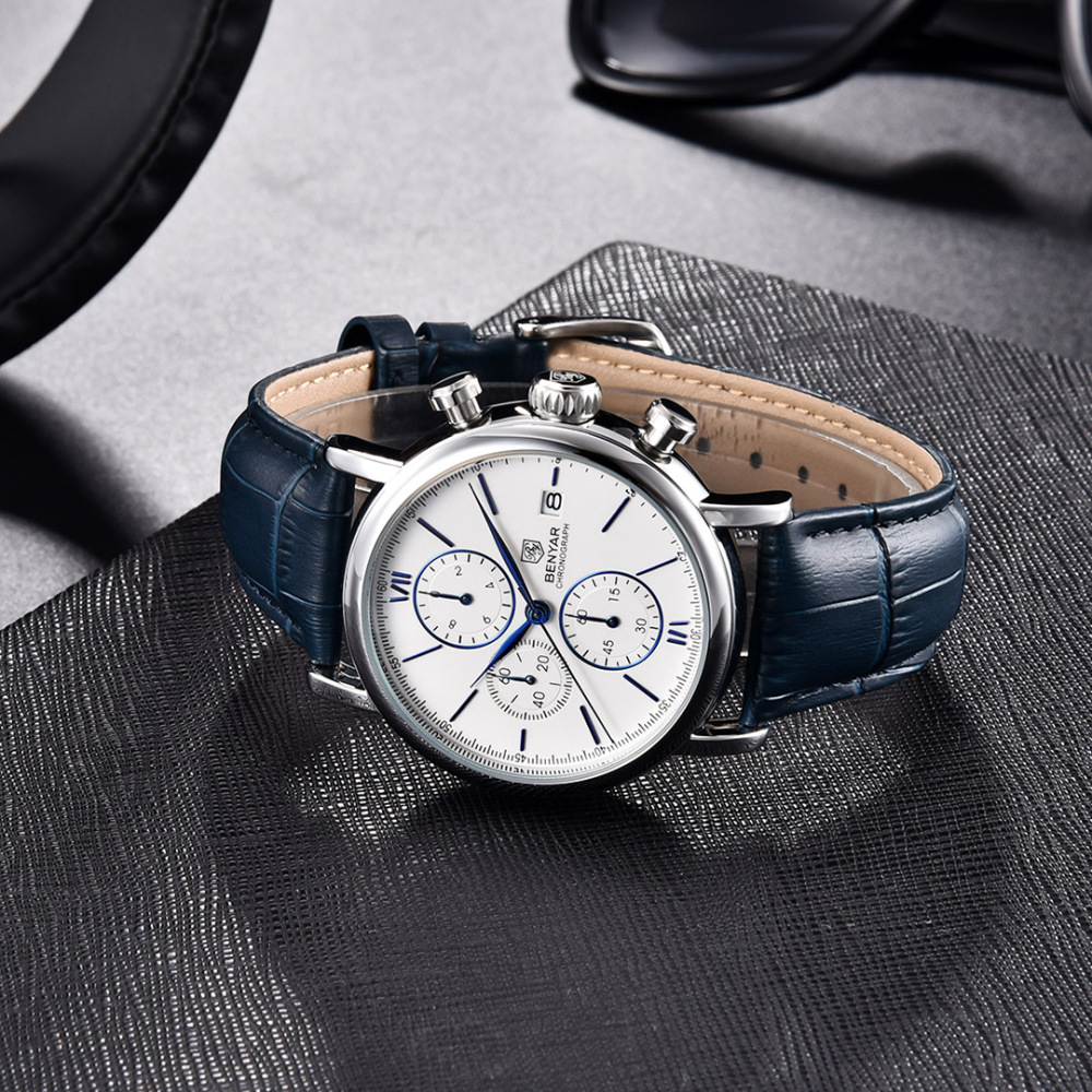 BENYAR Men's Quartz Watches 41mm Chronograph Leather Sports Auto Date Wrist Watch for Men BY5196M