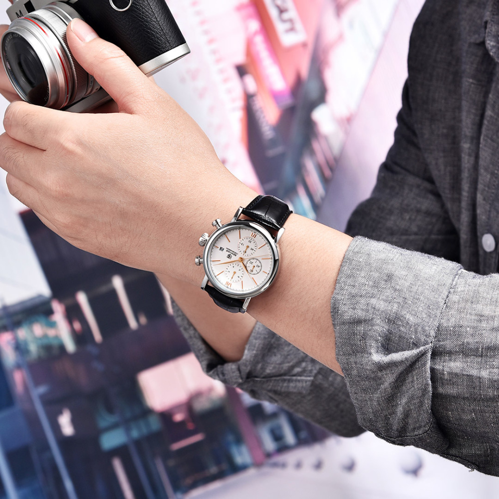 BENYAR Men's Quartz Watches 41mm Chronograph Leather Sports Auto Date Wrist Watch for Men BY5196M