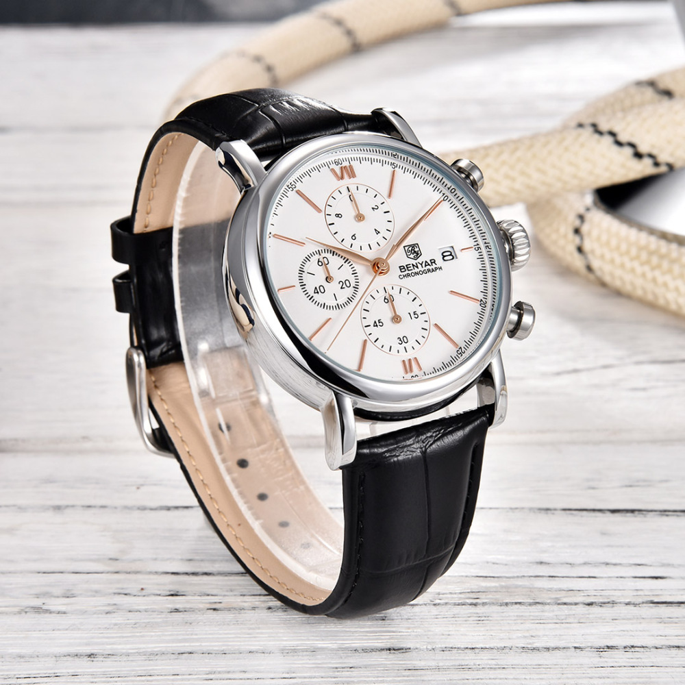 BENYAR Men's Quartz Watches 41mm Chronograph Leather Sports Auto Date Wrist Watch for Men BY5196M