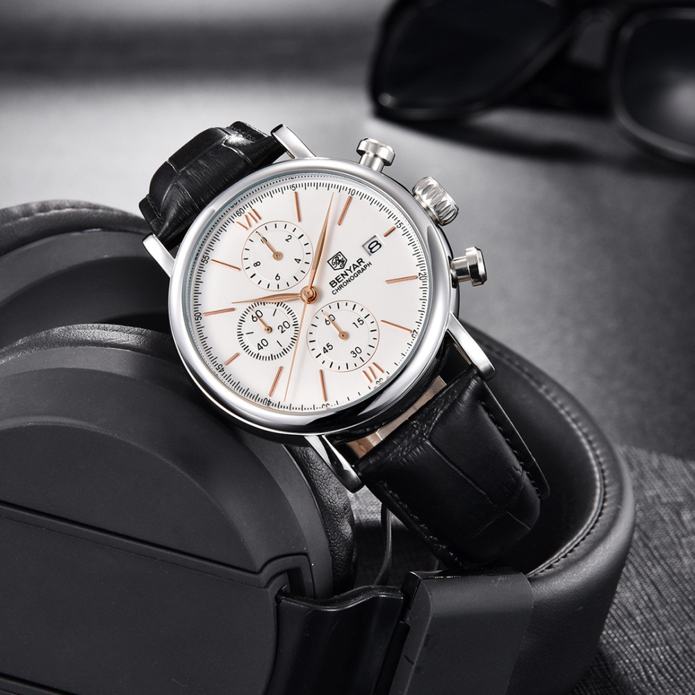BENYAR Men's Quartz Watches 41mm Chronograph Leather Sports Auto Date Wrist Watch for Men BY5196M