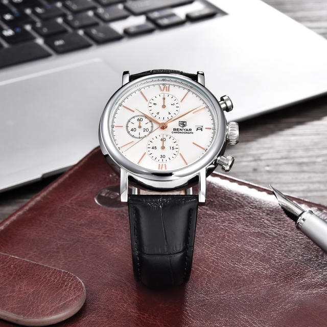 BENYAR Men's Quartz Watches 41mm Chronograph Leather Sports Auto Date Wrist Watch for Men BY5196M