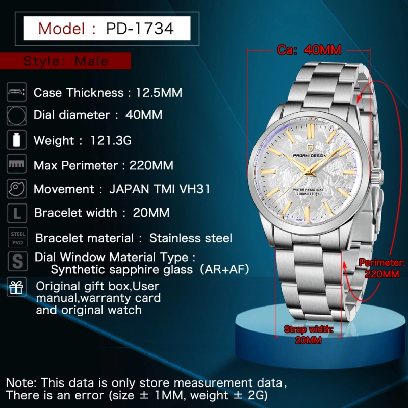 PAGANI DESIGN PD-1734 Quartz Men's Watches 40mm full Stainless Steel Business Waterproof Wrist Watches for Men