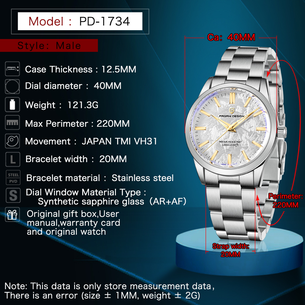 PAGANI DESIGN PD-1734 Quartz Men's Watches 40mm full Stainless Steel Business Waterproof Wrist Watches for Men