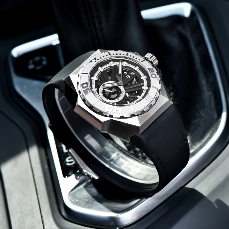 PAGANI DESIGN New Men's Automatic Watches Skeleton Stainless Steel Mechanical Sports Watch with Silicone Watchband Unique Watch Case Miyota 8217 Movt
