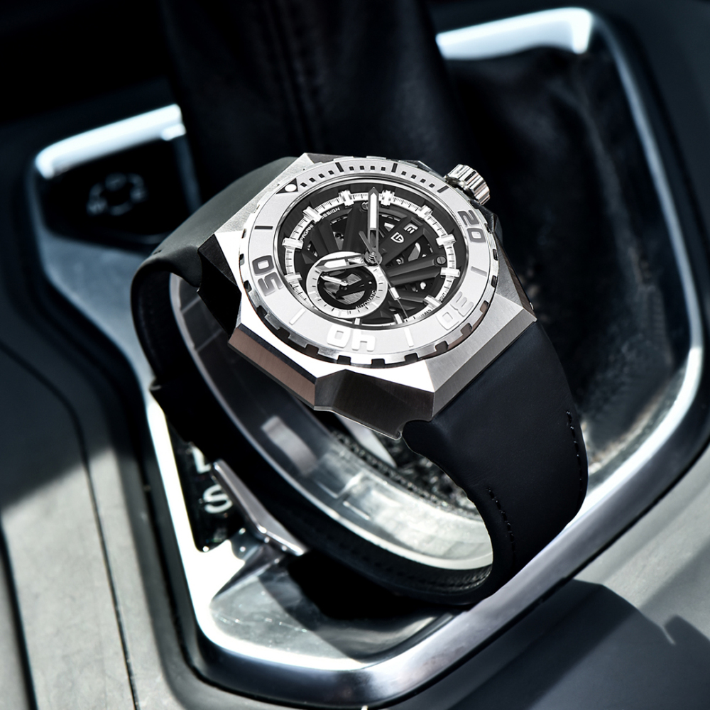 PAGANI DESIGN New Men's Automatic Watches Skeleton Stainless Steel Mechanical Sports Watch with Silicone Watchband Unique Watch Case Miyota 8217 Movt