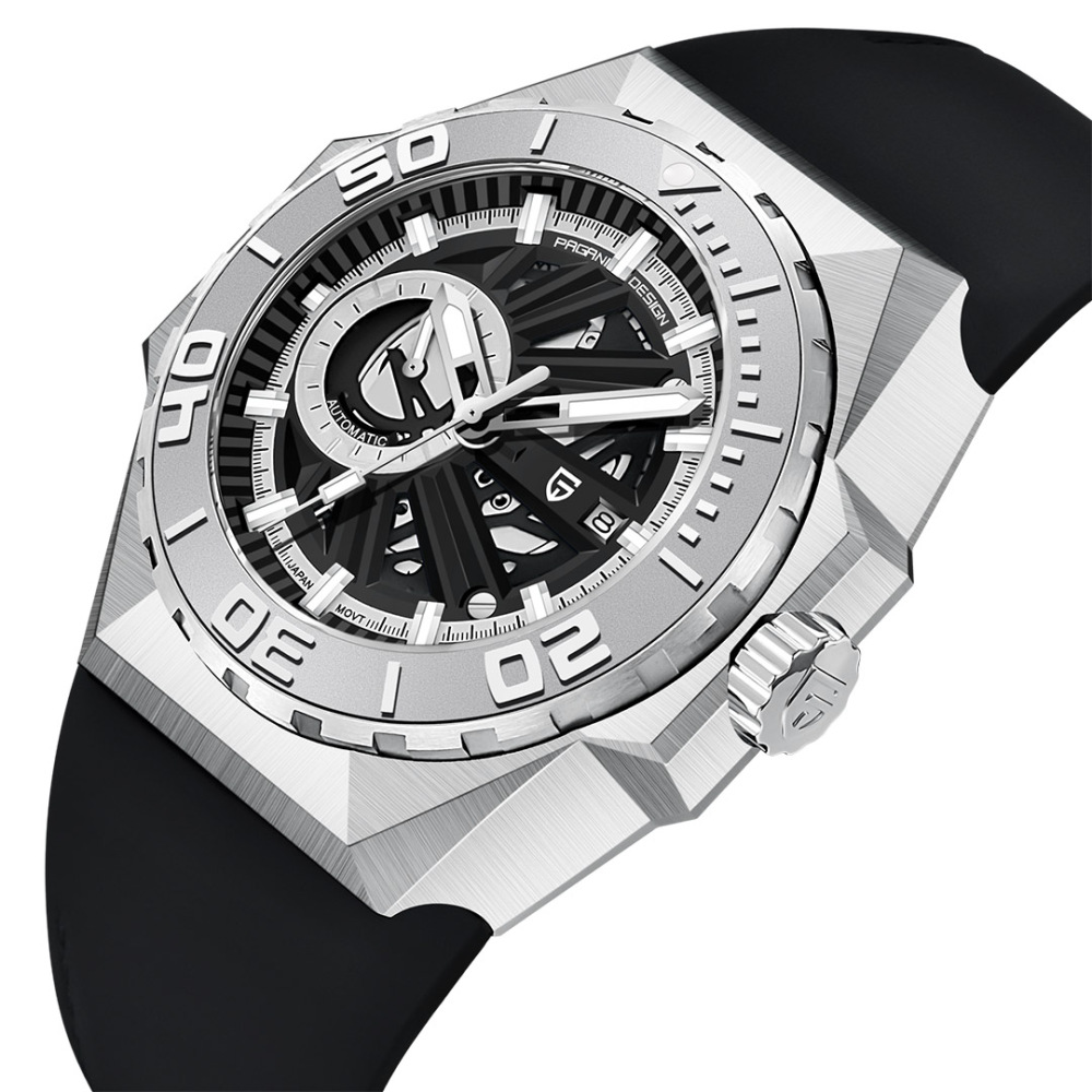 PAGANI DESIGN New Men's Automatic Watches Skeleton Stainless Steel Mechanical Sports Watch with Silicone Watchband Unique Watch Case Miyota 8217 Movt