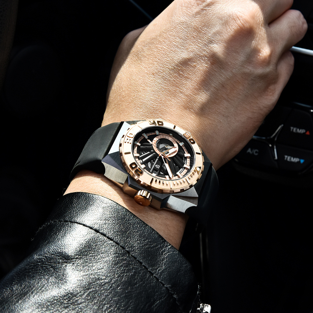 PAGANI DESIGN New Men's Automatic Watches Skeleton Stainless Steel Mechanical Sports Watch with Silicone Watchband Unique Watch Case Miyota 8217 Movt