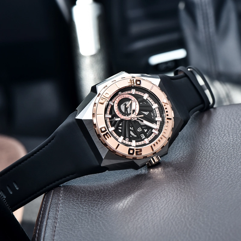 PAGANI DESIGN New Men's Automatic Watches Skeleton Stainless Steel Mechanical Sports Watch with Silicone Watchband Unique Watch Case Miyota 8217 Movt