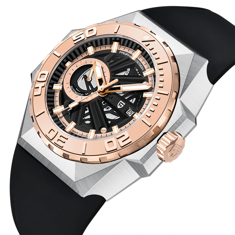 PAGANI DESIGN New Men's Automatic Watches Skeleton Stainless Steel Mechanical Sports Watch with Silicone Watchband Unique Watch Case Miyota 8217 Movt