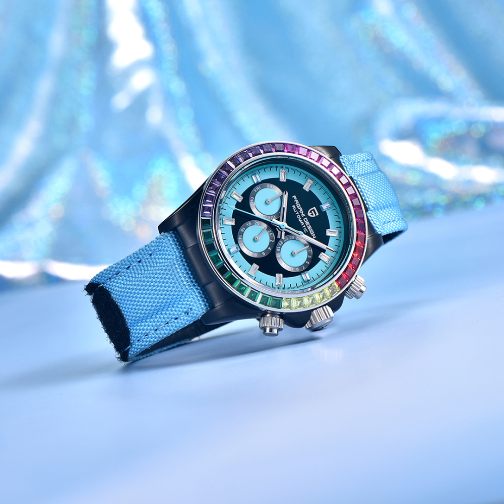 PAGANI DESIGN Men's Automatic Watches 40mm Rainbow Bezel Stainless Steel Waterproof Wrist Watches for Men Sport Unique Watches HZ2196A Movt