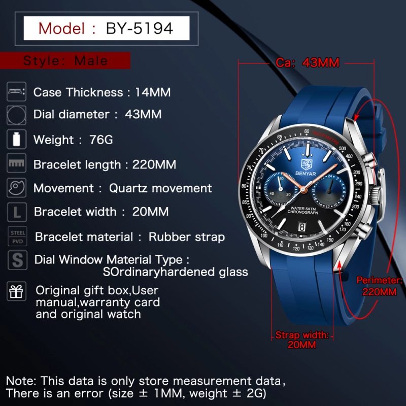 BENYAR Quartz Men's Watches full Steel Sports Waterproof Chronograph Wrist Watches for Men BY5194