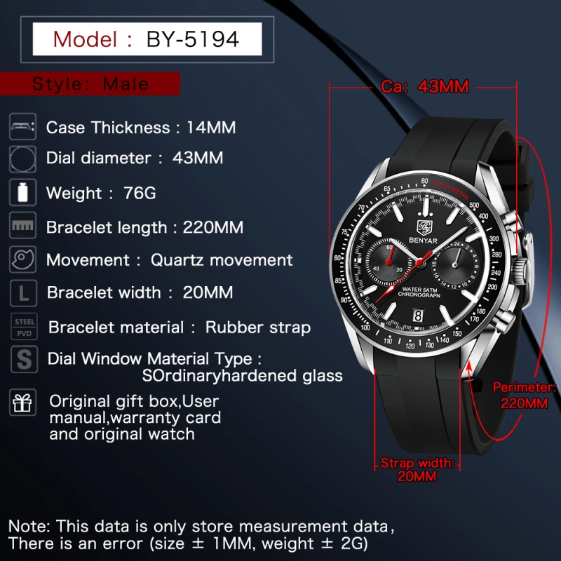 BENYAR Quartz Men's Watches full Steel Sports Waterproof Chronograph Wrist Watches for Men BY5194