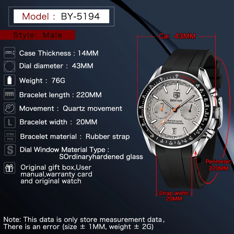 BENYAR Quartz Men's Watches full Steel Sports Waterproof Chronograph Wrist Watches for Men BY5194