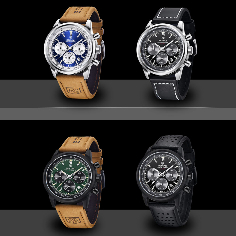 BENYAR Men's Quartz Watches Chronograph Leather Sports 42mm Wrist Watch for Men Casual Design BY5188