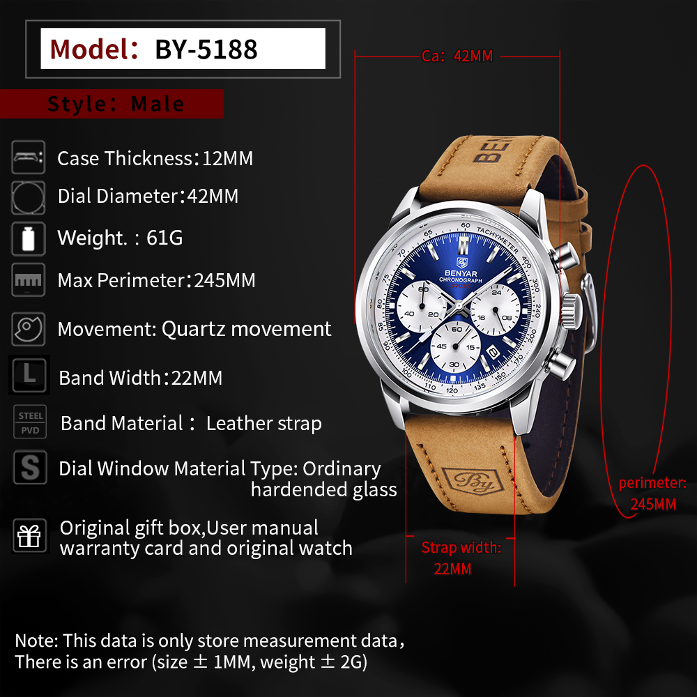 BENYAR Men's Quartz Watches Chronograph Leather Sports 42mm Wrist Watch for Men Casual Design BY5188