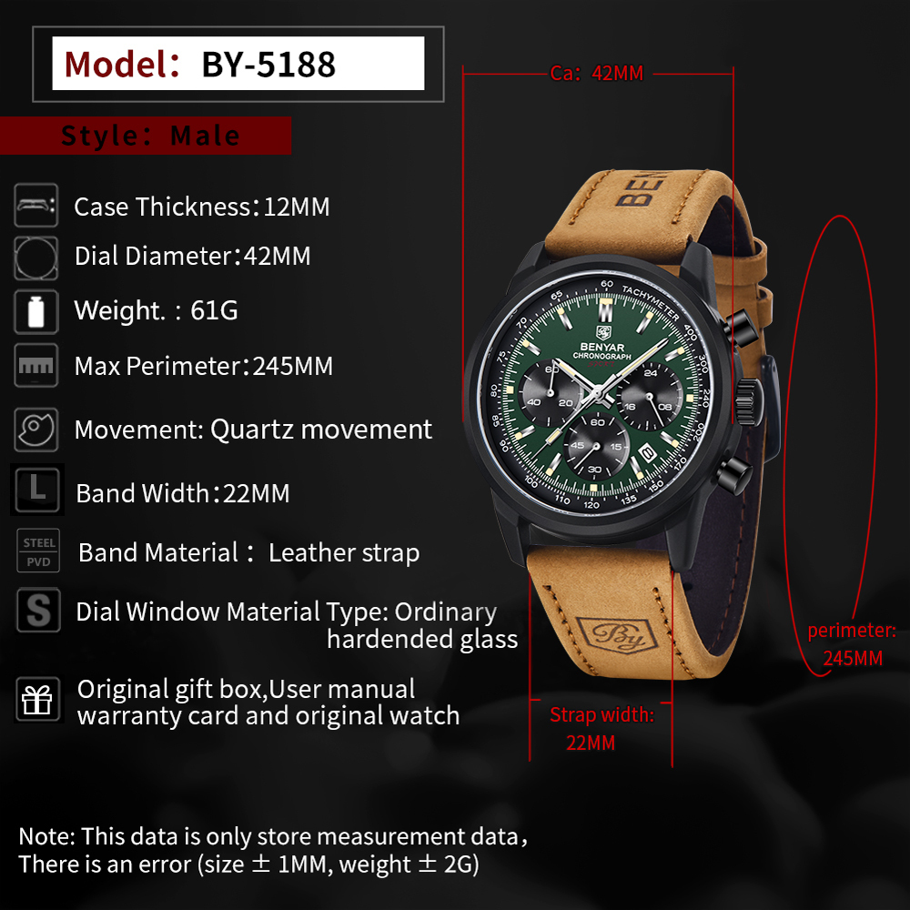 BENYAR Men's Quartz Watches Chronograph Leather Sports 42mm Wrist Watch for Men Casual Design BY5188