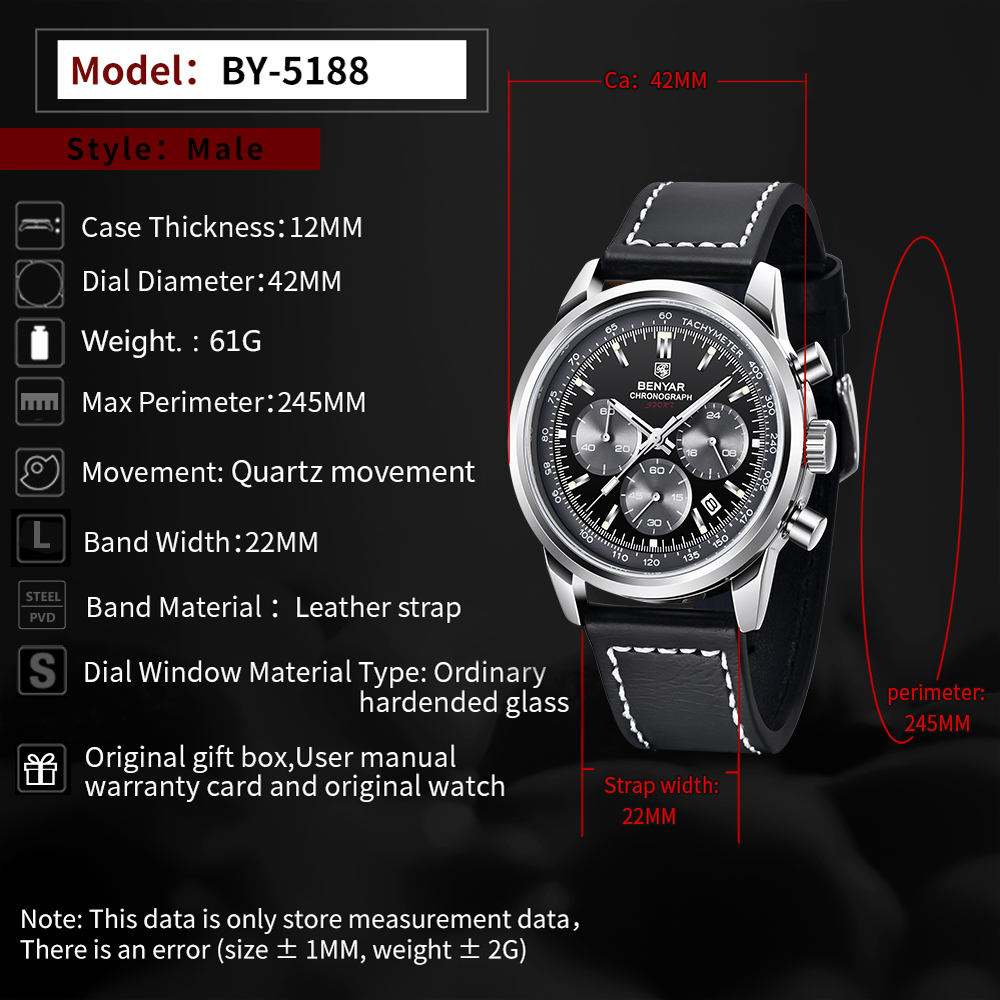 BENYAR Men's Quartz Watches Chronograph Leather Sports 42mm Wrist Watch for Men Casual Design BY5188