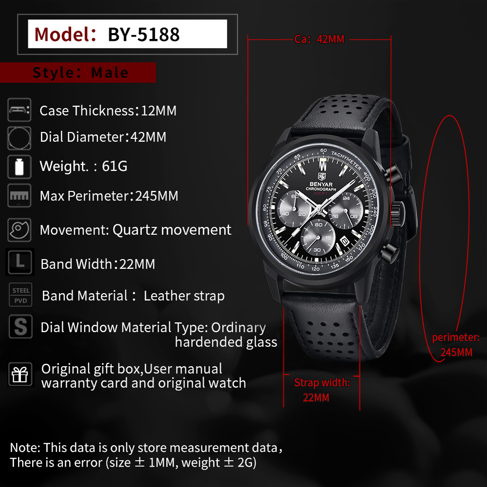 BENYAR Men's Quartz Watches Chronograph Leather Sports 42mm Wrist Watch for Men Casual Design BY5188