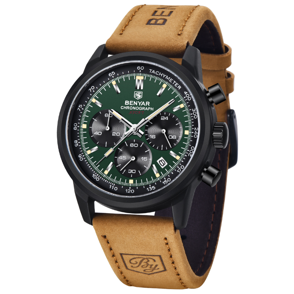 BENYAR Men's Quartz Watches Chronograph Leather Sports 42mm Wrist Watch for Men Casual Design BY5188