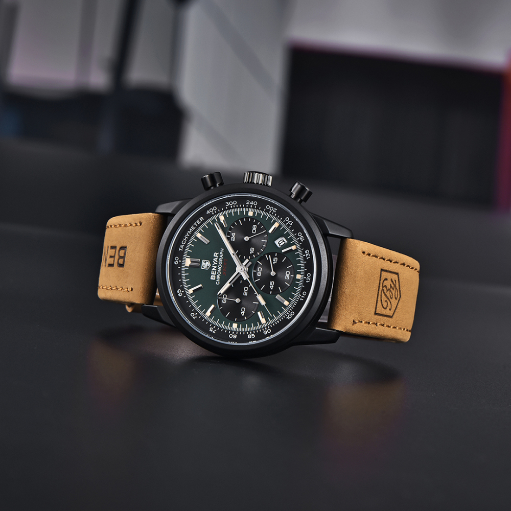 BENYAR Men's Quartz Watches Chronograph Leather Sports 42mm Wrist Watch for Men Casual Design BY5188