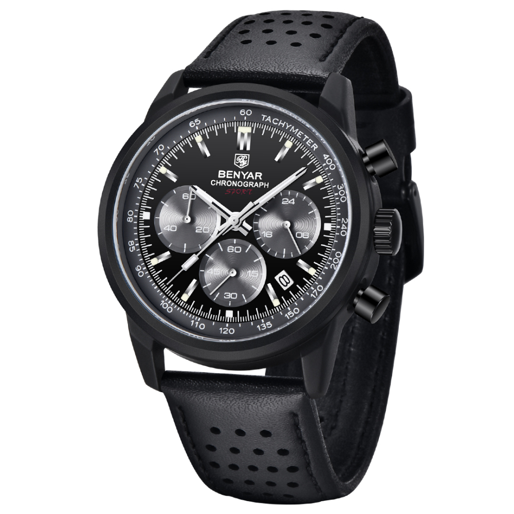 BENYAR Men's Quartz Watches Chronograph Leather Sports 42mm Wrist Watch for Men Casual Design BY5188