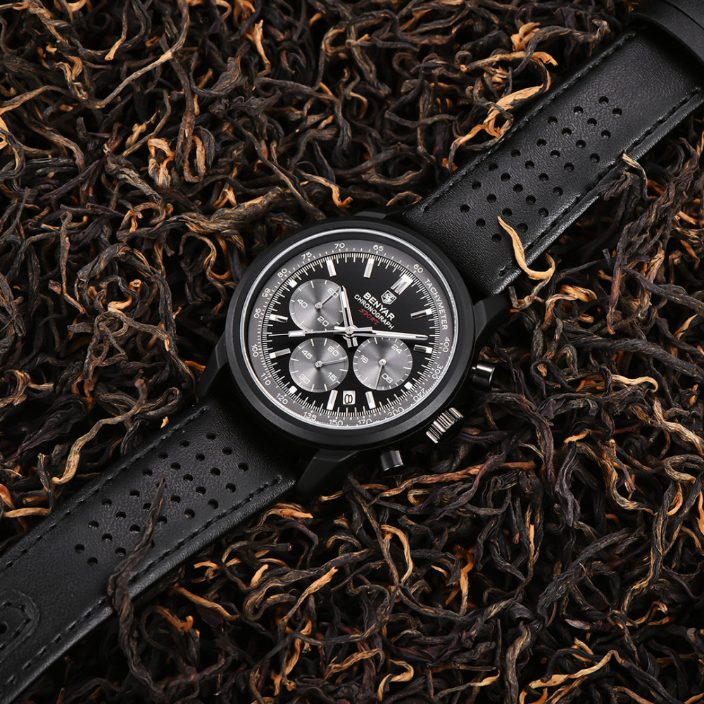 BENYAR Men's Quartz Watches Chronograph Leather Sports 42mm Wrist Watch for Men Casual Design BY5188