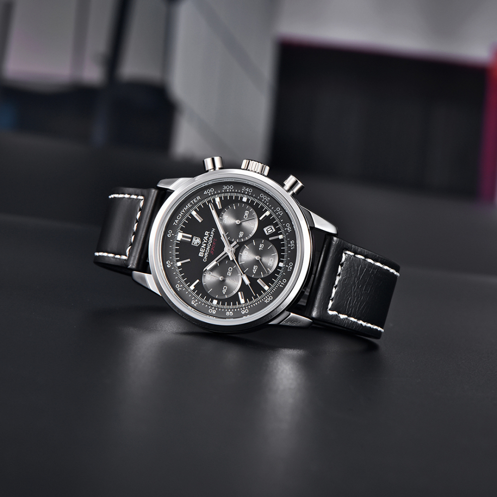 BENYAR Men's Quartz Watches Chronograph Leather Sports 42mm Wrist Watch for Men Casual Design BY5188
