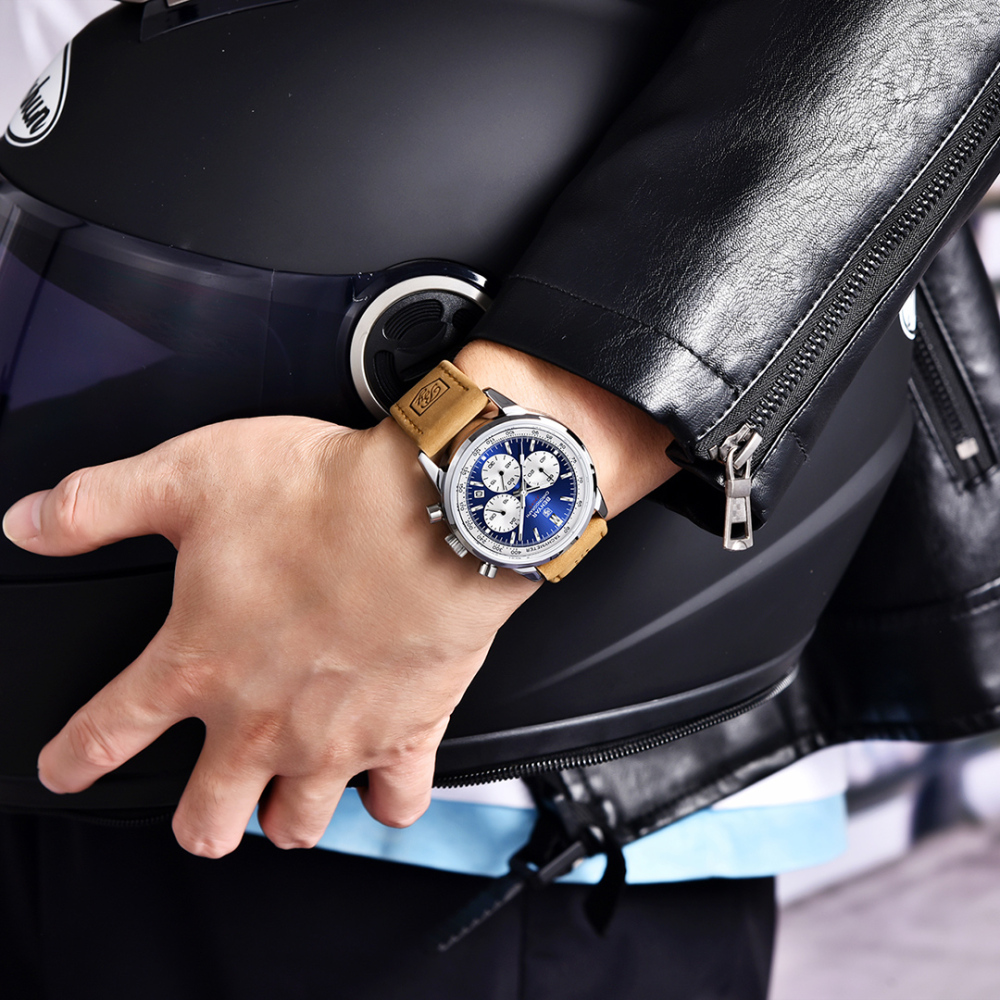 BENYAR Men's Quartz Watches Chronograph Leather Sports 42mm Wrist Watch for Men Casual Design BY5188