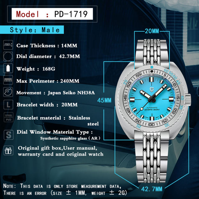 PAGANI DESIGN New Aumatic Men's Watches 43mm full Stainless Steel 300M Waterproof Wrist Watches for Men SEIKO NH38A Mechanical Movt C3 Lume