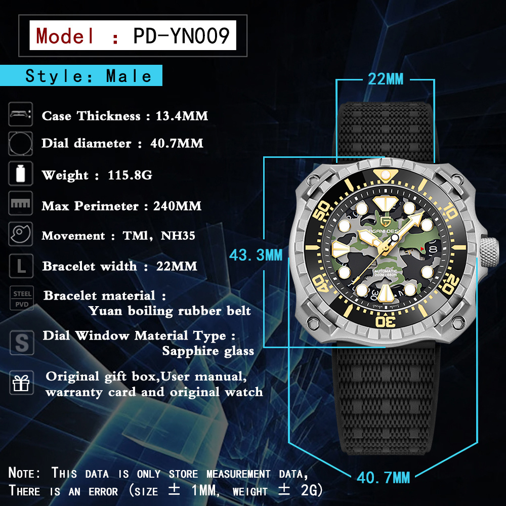 PAGANI DESIGN Men's Automatic Watches PD-YN009 Unique Stainless Steel Waterproof Mechanical Wrist Watches for Men NH35A Movt