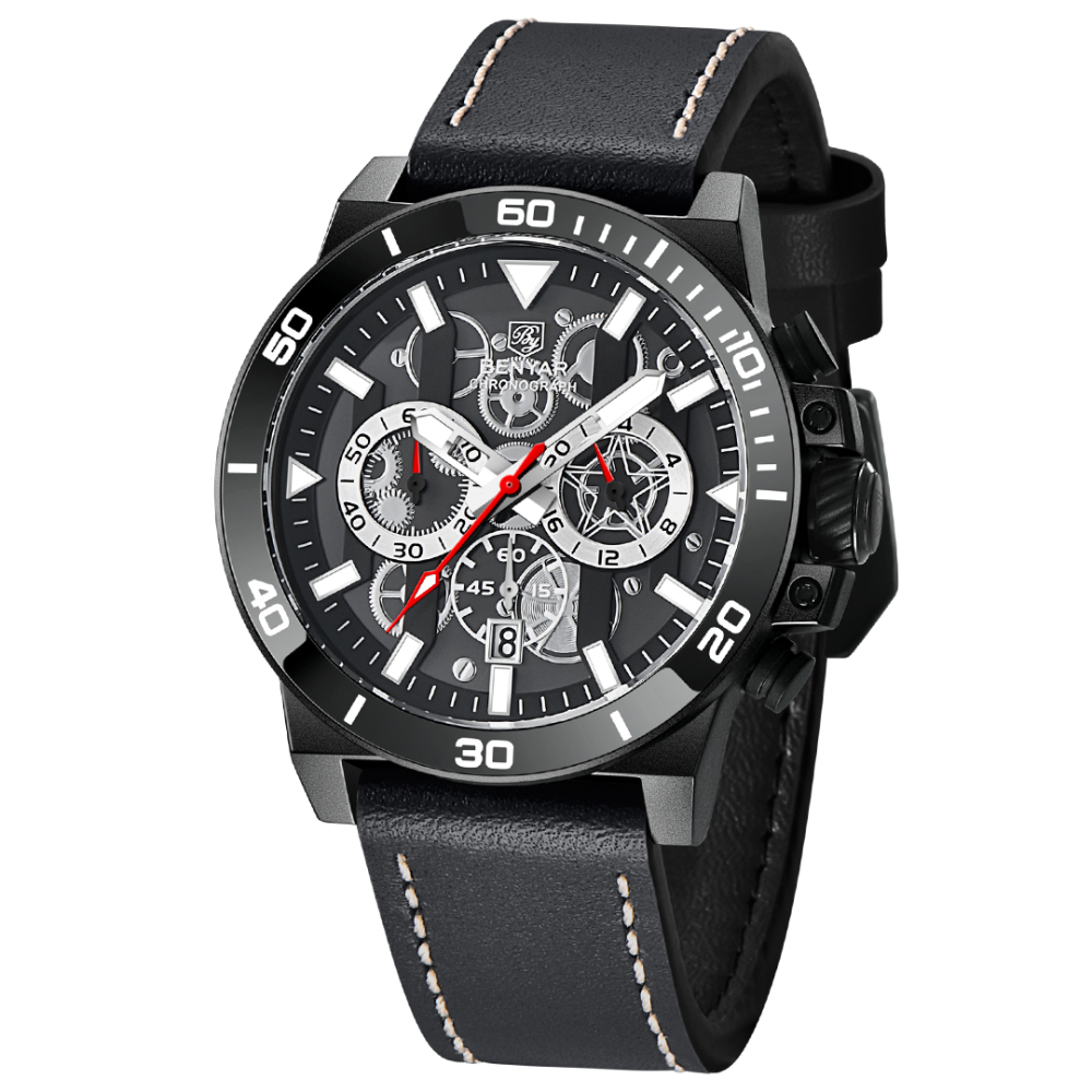 BENYAR New Men's Quartz Watches BY5197 Leather Sports Chronograph Wrist Watch for Men Auto Date Daily Waterproof