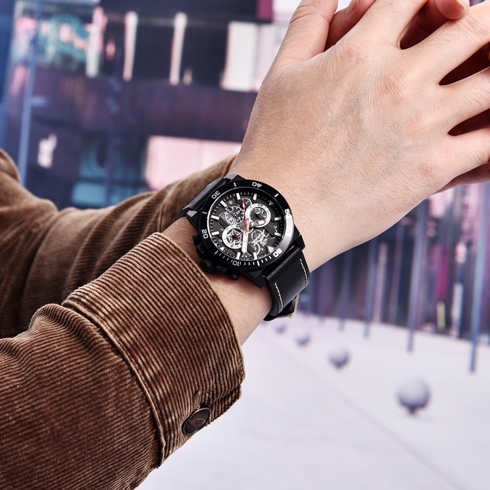 BENYAR New Men's Quartz Watches BY5197 Leather Sports Chronograph Wrist Watch for Men Auto Date Daily Waterproof