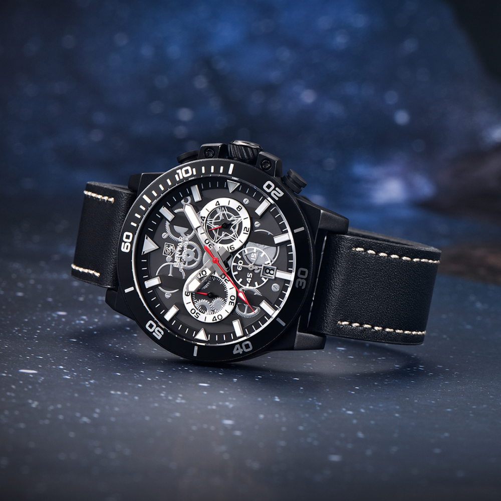 BENYAR New Men's Quartz Watches BY5197 Leather Sports Chronograph Wrist Watch for Men Auto Date Daily Waterproof