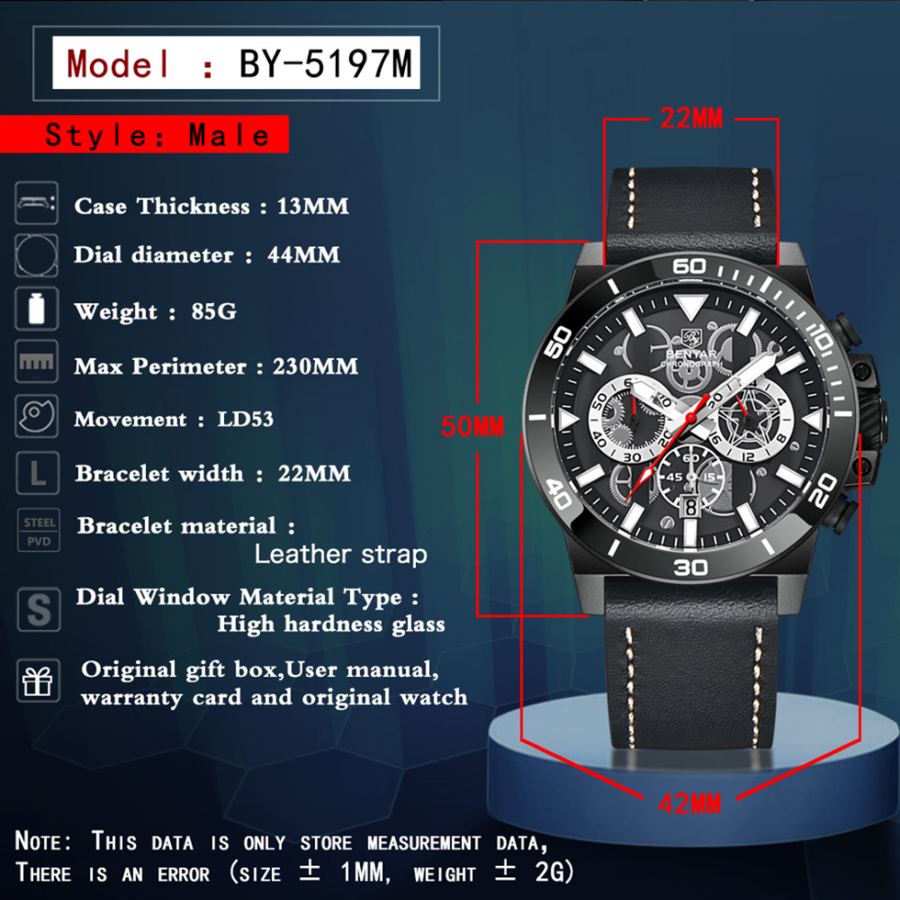 BENYAR New Men's Quartz Watches BY5197 Leather Sports Chronograph Wrist Watch for Men Auto Date Daily Waterproof
