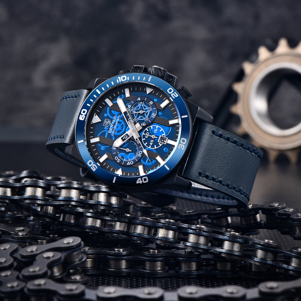 BENYAR New Men's Quartz Watches BY5197 Leather Sports Chronograph Wrist Watch for Men Auto Date Daily Waterproof