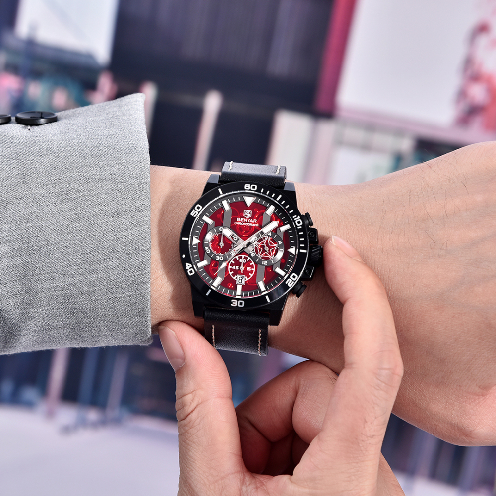 BENYAR New Men's Quartz Watches BY5197 Leather Sports Chronograph Wrist Watch for Men Auto Date Daily Waterproof