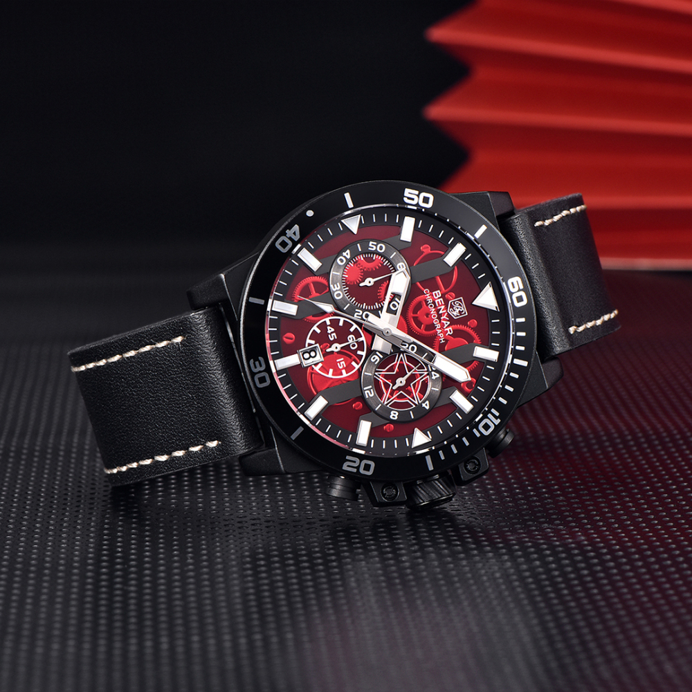 BENYAR New Men's Quartz Watches BY5197 Leather Sports Chronograph Wrist Watch for Men Auto Date Daily Waterproof