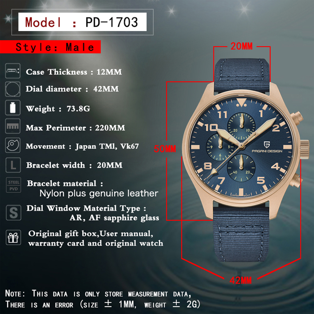 PAGANI DESIGN Men's Quartz Watches PD1703 Stainless Steel Sports Chronograph Pilot Wrist Watch for Men 42mm Waterproof Wristwatch