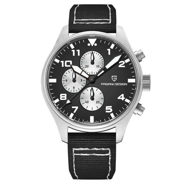 PAGANI DESIGN Men's Quartz Watches PD1703 Stainless Steel Sports Chronograph Pilot Wrist Watch for Men 42mm Waterproof Wristwatch