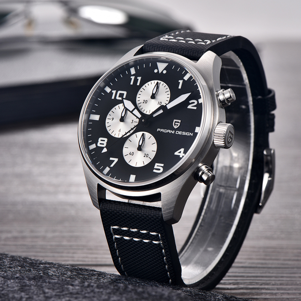 PAGANI DESIGN Men's Quartz Watches PD1703 Stainless Steel Sports Chronograph Pilot Wrist Watch for Men 42mm Waterproof Wristwatch