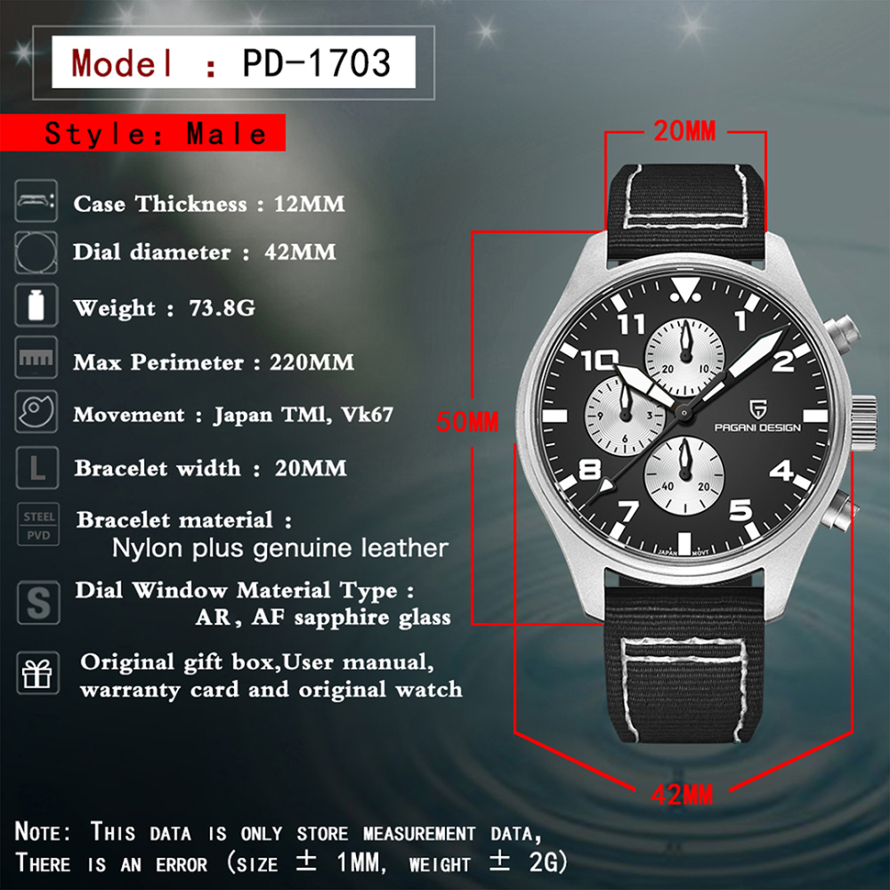 PAGANI DESIGN Men's Quartz Watches PD1703 Stainless Steel Sports Chronograph Pilot Wrist Watch for Men 42mm Waterproof Wristwatch