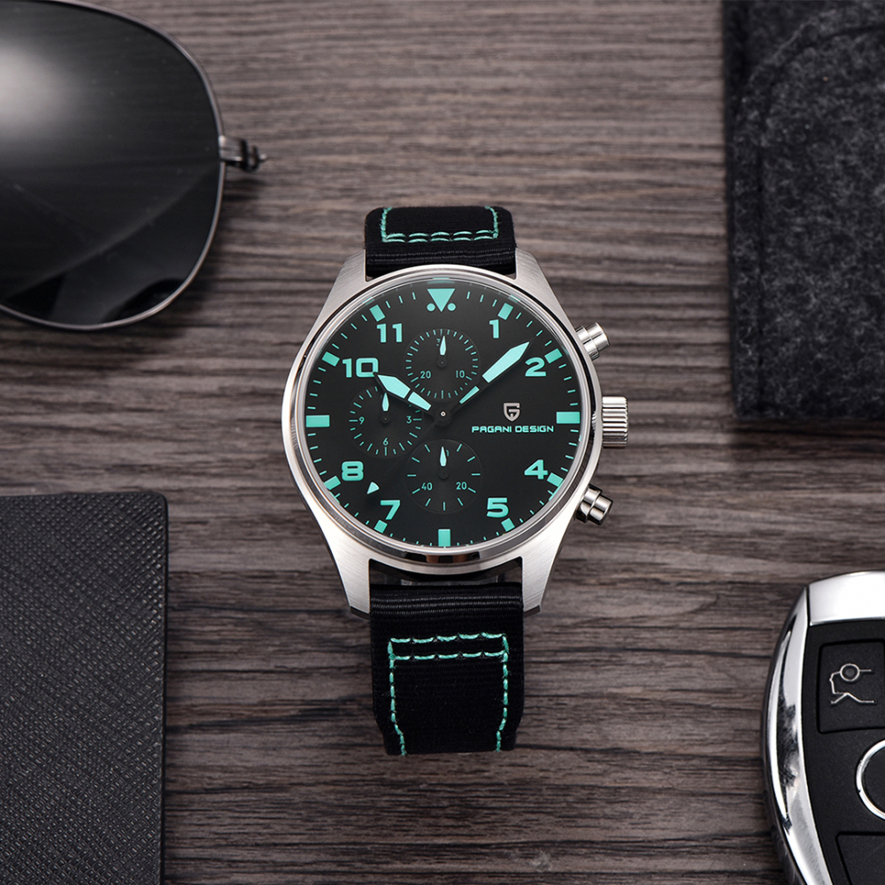 PAGANI DESIGN Men's Quartz Watches PD1703 Stainless Steel Sports Chronograph Pilot Wrist Watch for Men 42mm Waterproof Wristwatch