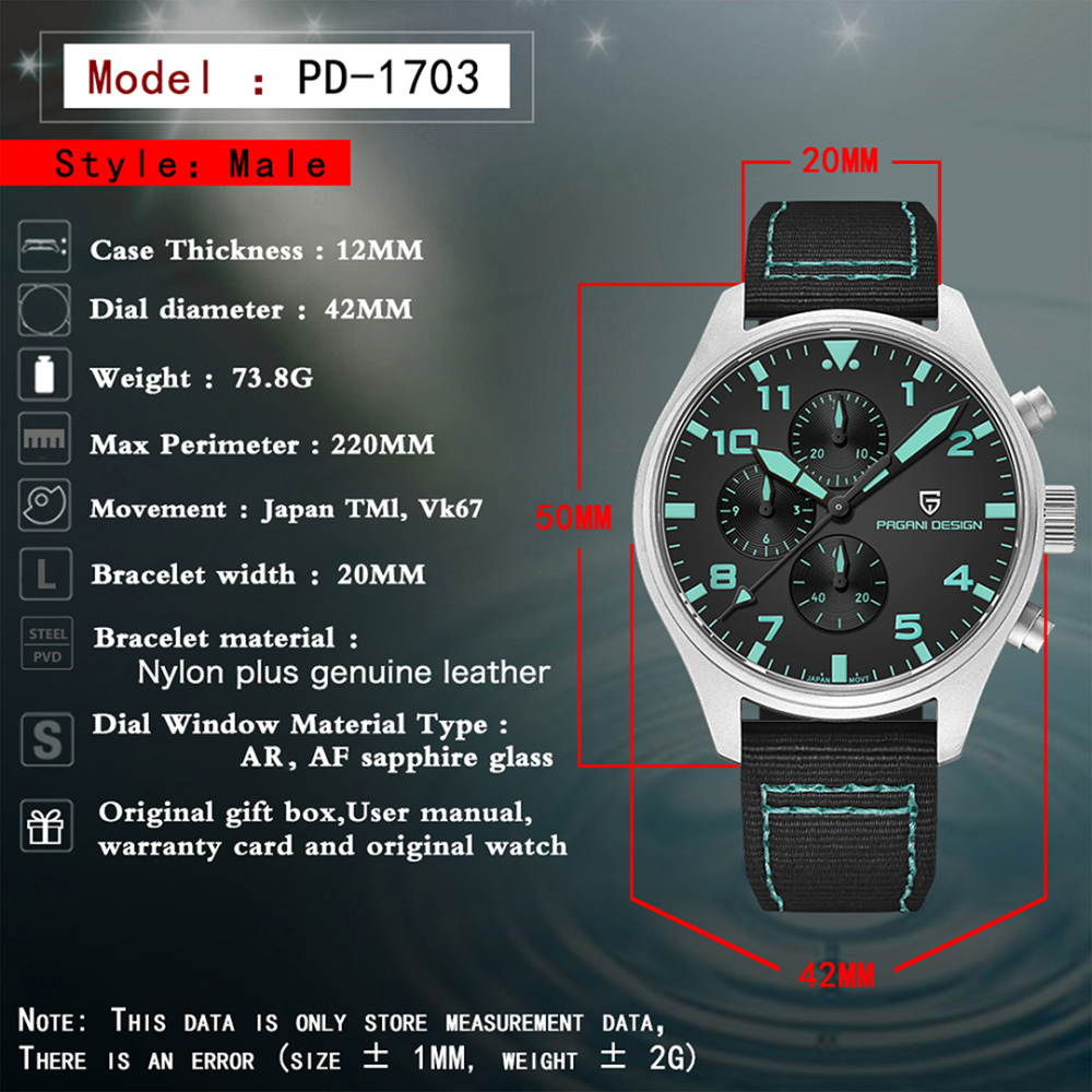 PAGANI DESIGN Men's Quartz Watches PD1703 Stainless Steel Sports Chronograph Pilot Wrist Watch for Men 42mm Waterproof Wristwatch