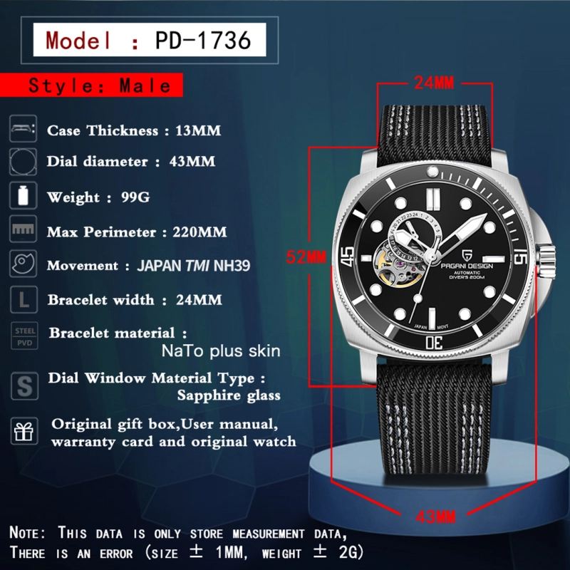 PAGANI DESIGN PD-1736 Men's Automatic Watches Unique Square Stainless Steel Mechanical Wrist Watch for Men Nylon Watchband 100M Waterproof