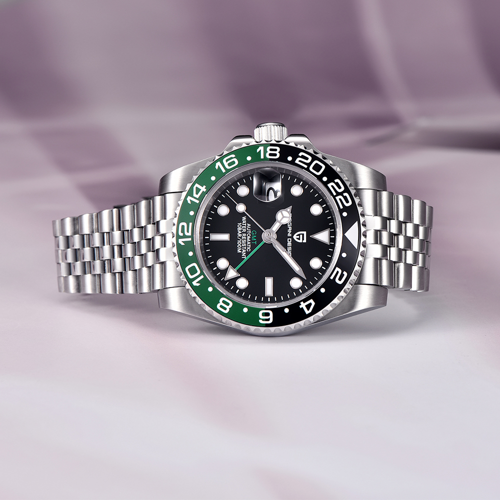 PAGANI DESIGN PD-1662 Men's Watches Automatic GMT Mechanical Stainless Steel Waterproof Wrist Watch for Men Jubilee Bracelet Sapphire Glass