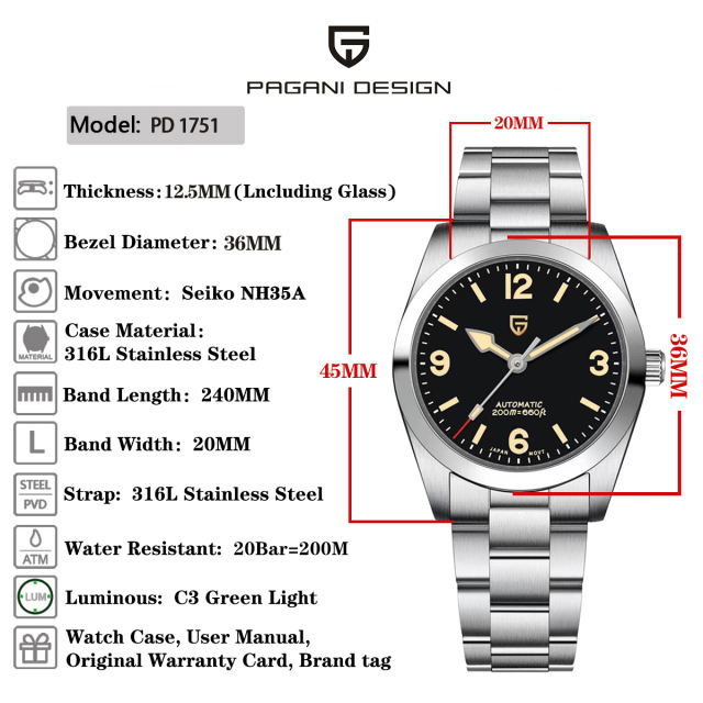 PAGANI DESIGN Men's Automatic Watches 36mm Stainless Steel Mechanical Watches NH35 Sapphire AR Coating 20Bar Waterproof