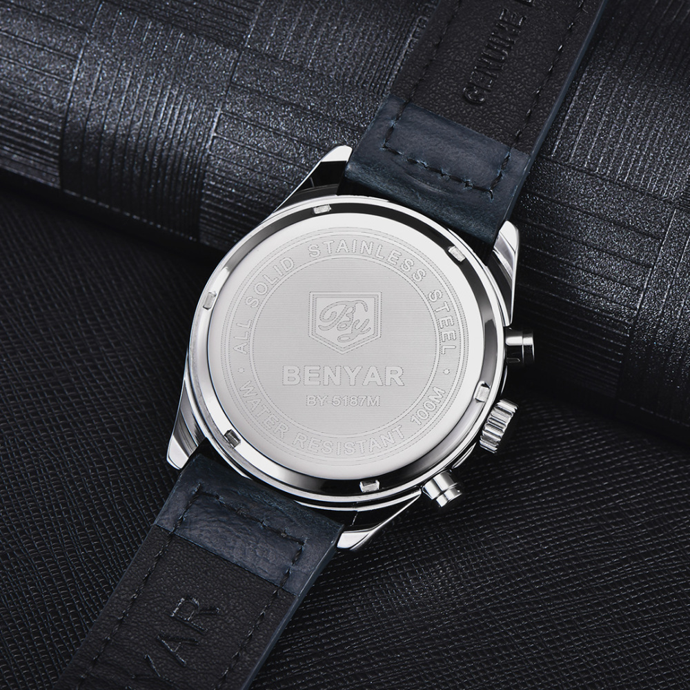 BENYAR Men's Quartz Watches BY5187M Sports Chronograph Steel Wrist Watch for Men Leather Wristwatch Stop Watch