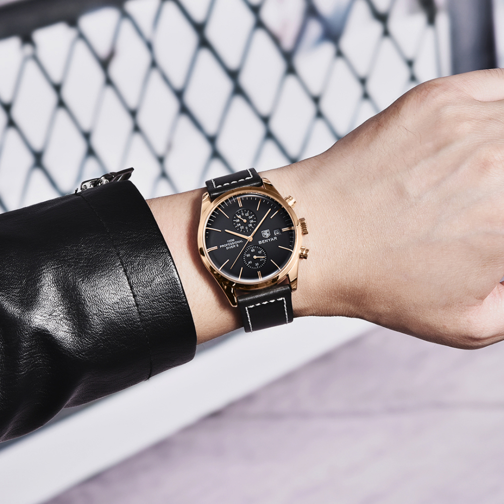 BENYAR Men's Quartz Watches BY5187M Sports Chronograph Steel Wrist Watch for Men Leather Wristwatch Stop Watch